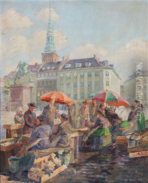 Fishermens' Wives Selling Fish At Hojbro Plads In Copenhagen Oil Painting - Robert Panitzsch