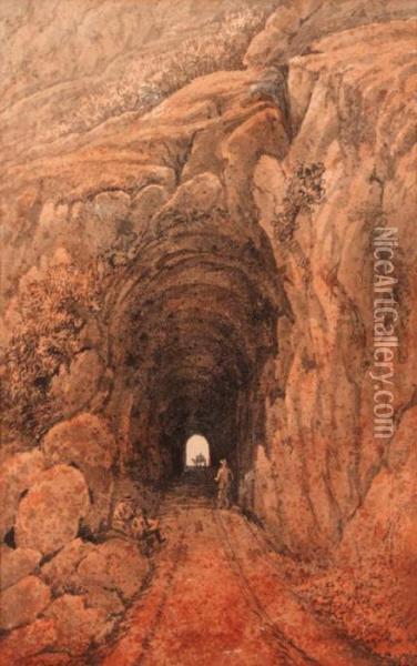 A Figure At The Entrance To A Mountain Tunnel Oil Painting - James Pattison Cockburn