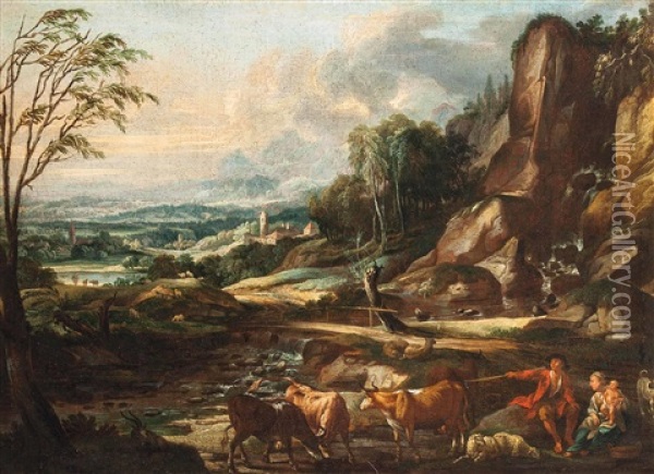 Felsen Mit Bach Und Brucke, Weitem Landschaftsausblick Mit Hirtenfamilie Sowie Rinder- Und Schafherde Oil Painting - Joseph Roos