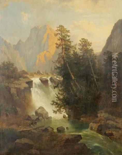 An Alpine Landscape With A Waterfall And A Bear Oil Painting - Josef Thoma