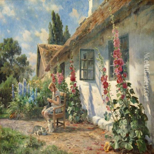 A Girl Knitting In The Sunshine Outside A White Farmhouse Oil Painting - Peder Mork Monsted