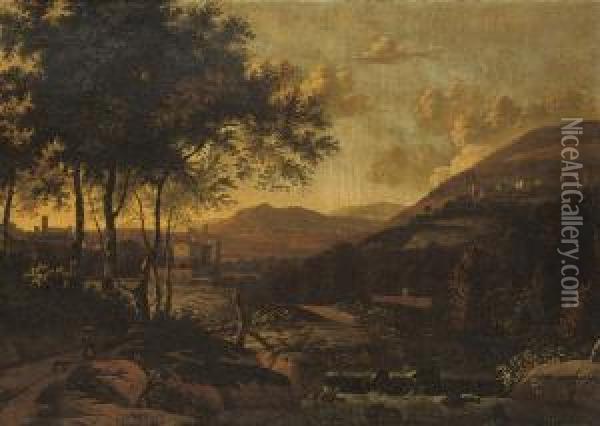 A Wooded River Landscape With A Peasant Woman And A Dog On A Track, A Town Beyond Oil Painting - Adriaen Jansz. Ocker