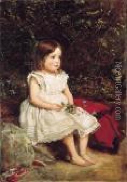 Portrait Of Eveline Lees As A Child, Seated Full Length By A Bank,wearing A White Dress Oil Painting - Sir John Everett Millais