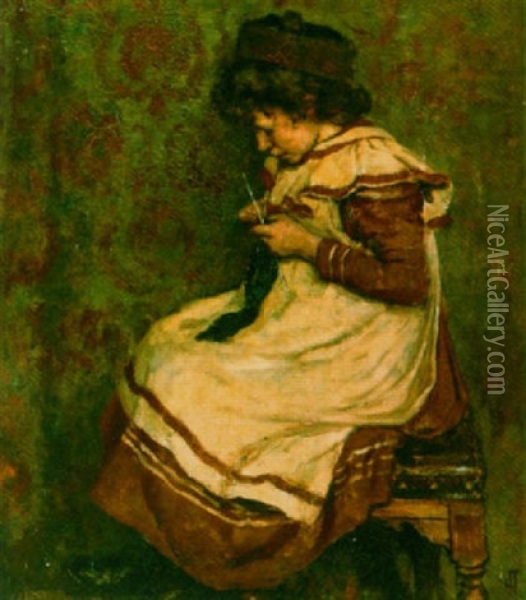 A Girl Knitting Oil Painting - Johan Antonie de Jonge
