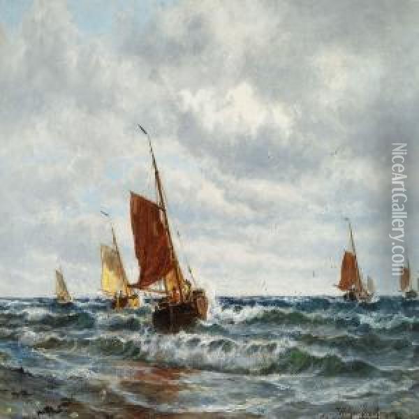Fishing Boats Off The Dutch Coast Oil Painting - Holger Drachmann