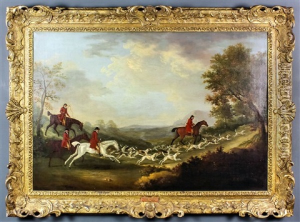 Rural Landscape With Four Huntsman On Horseback And Pack Of Hounds On Track Oil Painting - John Francis Sartorius