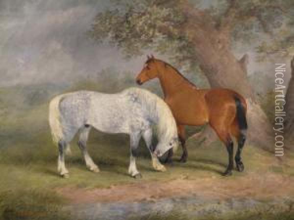 Dapple Grey And Chestnut Horses In A Landscape Signed And Dated 189 18 X 24in Oil Painting - Edwin Frederick Holt