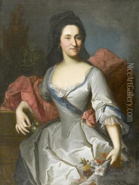 Bildnis Einer Dame Mit Blumenstrauss. Oil Painting - Johann Rudolf Daelliker