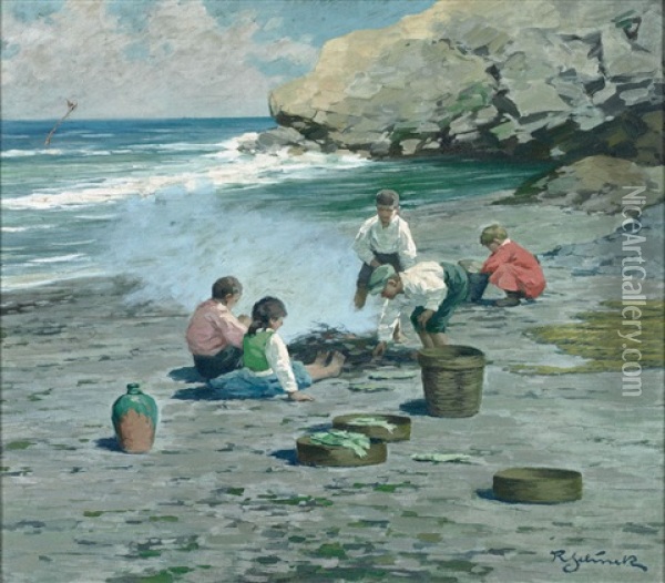 Spielende Kinder Am Strand Oil Painting - Rudolph Jelinek