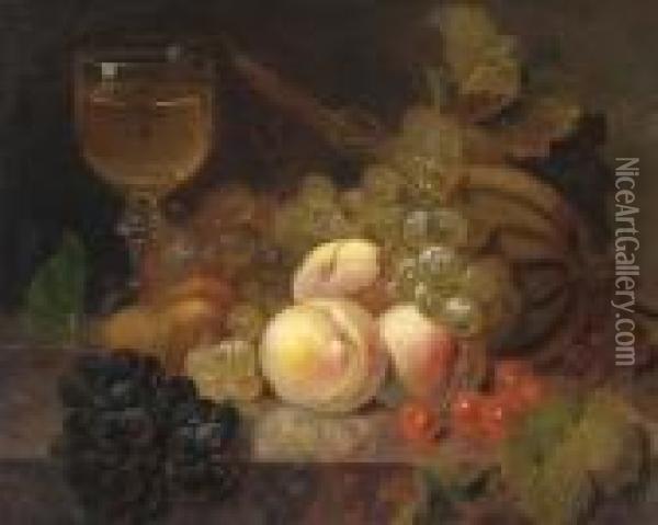 Peaches, A Melon, Cherries, A Pear Oil Painting - Edward Ladell