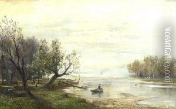 Flusslandschaft Mit
 Fischer. Oil Painting - Otto Seraphim Peters