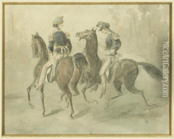 Militaires A Cheval Oil Painting - Constantin Guys