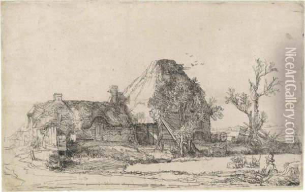 Cottages And Farm Buildings With A Man Sketching Oil Painting - Rembrandt Van Rijn