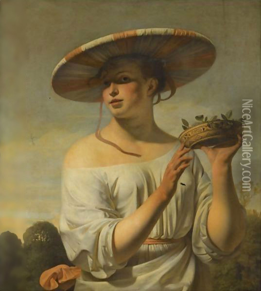 Girl Holding A Basket Of Plums Oil Painting - Caesar Van Everdingen