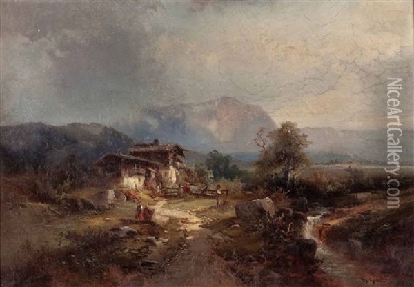 Romantische Landschaft Oil Painting - Heinrich Hiller