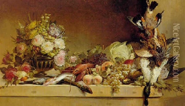 Still Life With Fish, Fruit And Fowl Oil Painting - Jean-Baptiste Robie