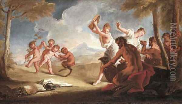 Nymphs, putti and satyrs dancing in a landscape Oil Painting - Nicola Grassi