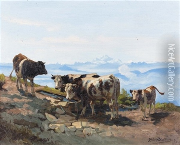 Kuhe Bei Der Tranke Oil Painting - Edouard-Louis-Auguste Metton