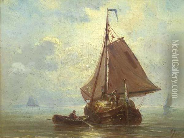 A Haybarge In A Calm Oil Painting - Albert Jurardus van Prooijen