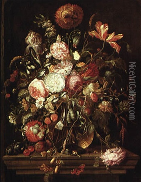 Still Life Of Flowers In A Vase On A Pedestal Oil Painting - Jan Davidsz De Heem