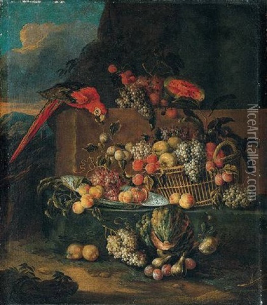 Still Life Of Fruits In A Basket And A Blue And White Dish With A Parrot In A Landscape Oil Painting - Jan Pauwel Gillemans the Younger