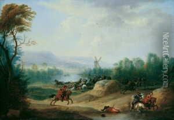 Weite Landschaft Mit Reitergefecht Und Windmuhle Oil Painting - Jan Pieter Van Bredael I