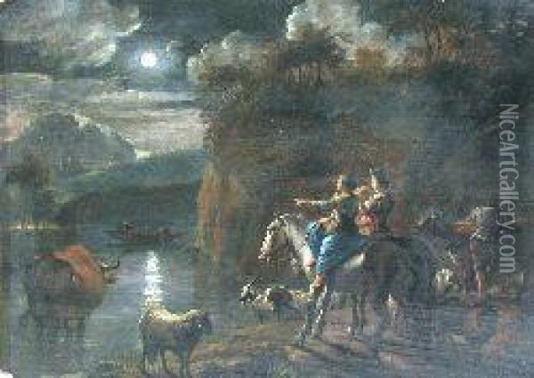 A Moonlit Scene With Figures And Animals By A Lakeside. Oil Painting - Nicolaes Berchem