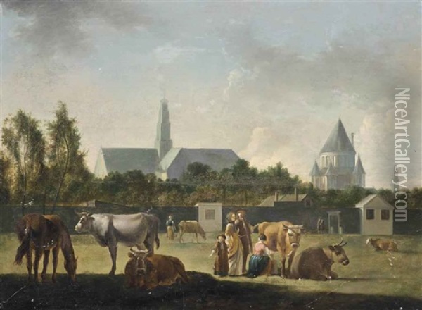 A Townscape With A Shepherdess And Her Cattle, A Church Beyond Oil Painting - Johann Jakob Biedermann