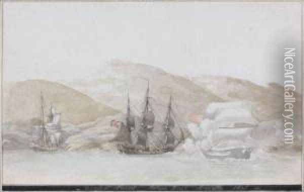 Combat Naval Avec Navire Battant Pavillon Anglais Oil Painting - Joseph Roux