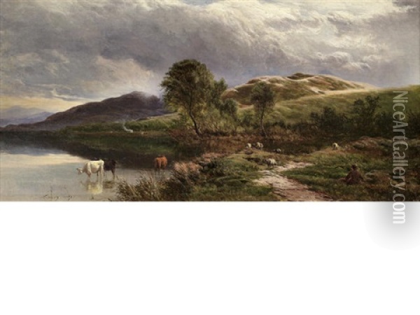 Landscape With Herdsmen And Cattle Oil Painting - Sidney Richard Percy