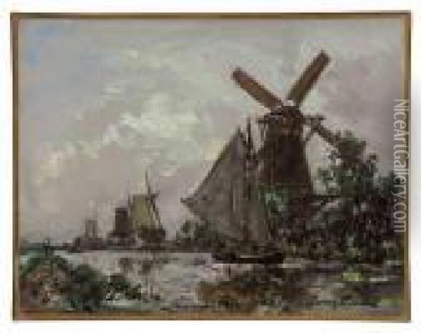 A Windmill On A River Landscape Oil Painting - Johan Barthold Jongkind