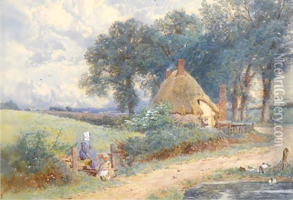 A Cottage Near Witley, Surrey Oil Painting - Myles Birket Foster