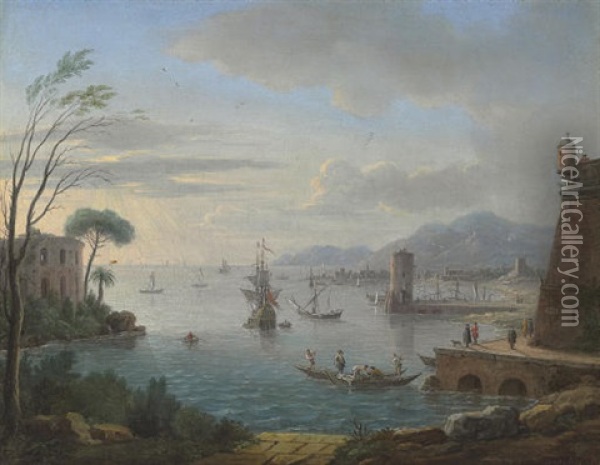 A Capriccio Of An Italian Port With Figures Mooring By A Fort In The Foreground Oil Painting - Hendrick Frans van Lint
