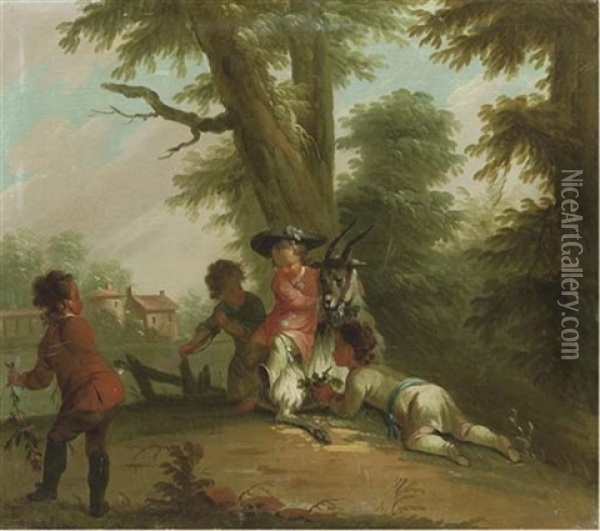 Boys Playing With A Goat Beside A Pond Oil Painting - Charles Dominique Joseph Eisen