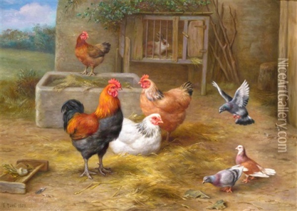 Chickens And Pigeons In A Farmyard Oil Painting - Edgar Hunt