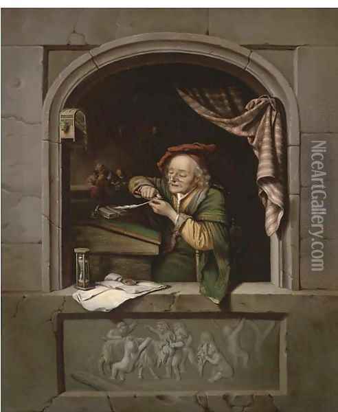 A scholar sharpening his quill at a casement Oil Painting - Gerrit Dou