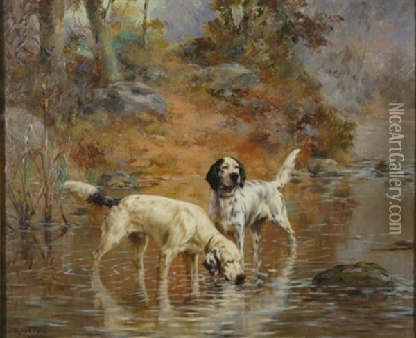 Two Setters In A Cooling Stream On The Grounds Of Overhills, Fayetteville, North Carolina Oil Painting - Percival Leonard Rosseau