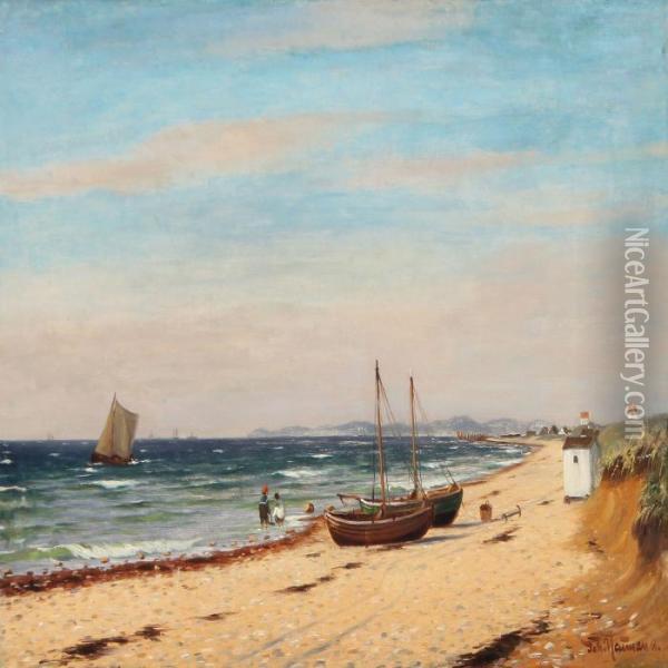 Seashore With Several Sailing Ships In The Front Playingchildren And Boats On The Shore Oil Painting - Johann Jens Neumann