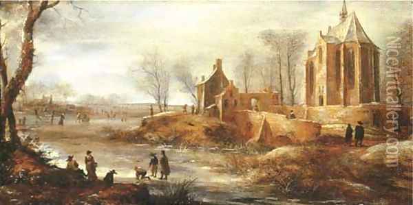 A winter landscape with figures skating on a frozen river by a church Oil Painting - Jan Abrahamsz. Beerstraten