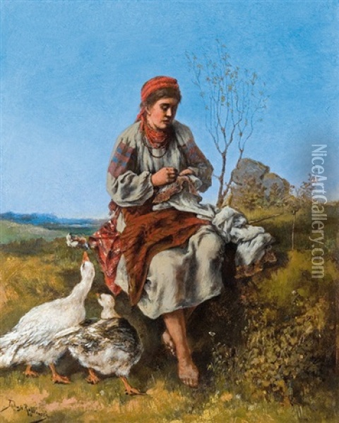 Gooseherd Oil Painting - Tadeusz Rybkowski