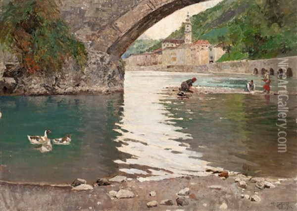 Lavanderas Bajo Un Puente Oil Painting - Raffaele Tafuri