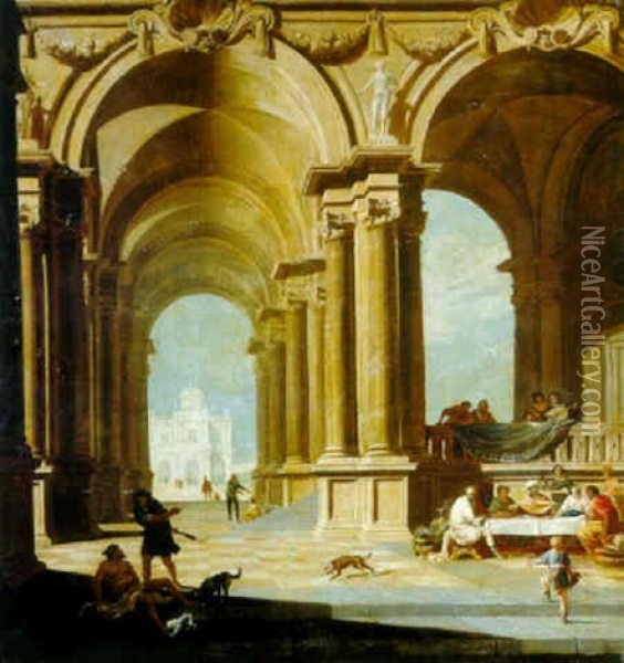 An Architectural Capriccio With Dives And Lazarus Oil Painting - Gerard Houckgeest