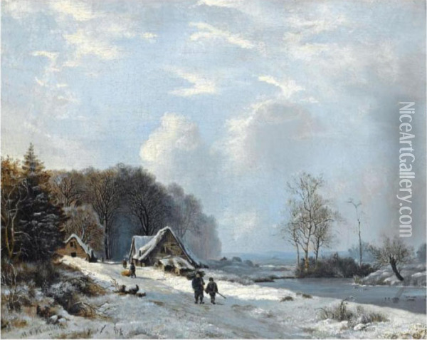 Figures On A Country Road In A Snow Covered Landscape Oil Painting - Marianus Adrianus Koekkoek
