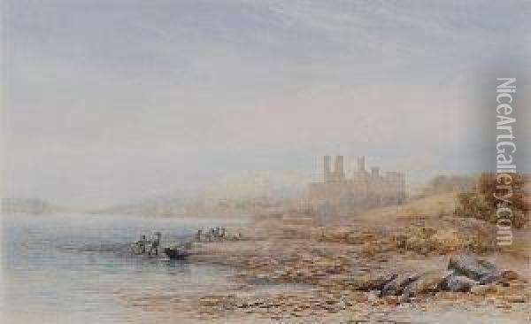 Caernarfon Castle, With Figures Hauling Netsashore To The Foreground Oil Painting - James Orrock