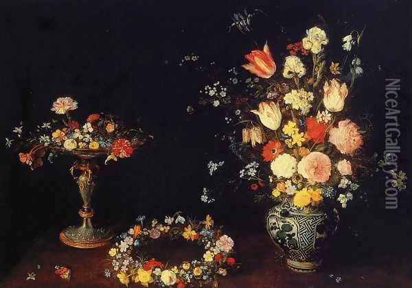 Still Life with a Tazza, Garland and Bouquet of Flowers in a Porcelain Vase Oil Painting - Jan The Elder Brueghel
