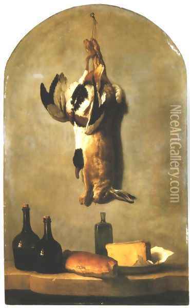 Still Life: Hare, Duck, Loaf of Bread, Cheese and Flasks of Wine Oil Painting - Jean-Baptiste Oudry