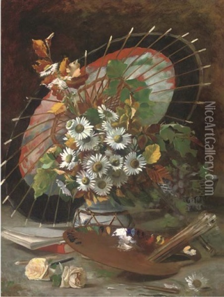 Daisies In A Vase With An Artist's Palette, A Japanese Parasol Beyond Oil Painting - Betzy Marie Petrea Libert