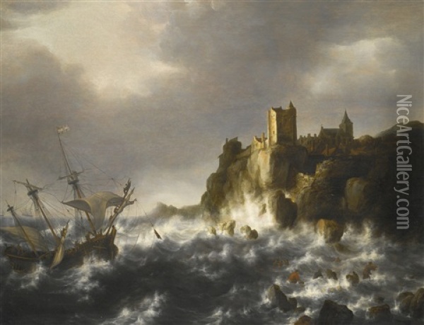 A Shipwreck In Stormy Seas, Near A Rocky Coast Oil Painting - Jan Abrahamsz. Beerstraten