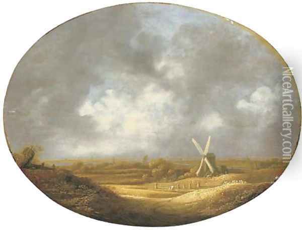 An extensive landscape with peasants harvesting wheat by a windmill, an estuary beyond Oil Painting - School Of Haarlem
