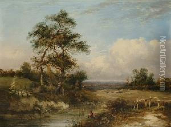 A Figure Fishing In A Country Landscape Oil Painting - Charlotte Nasmyth